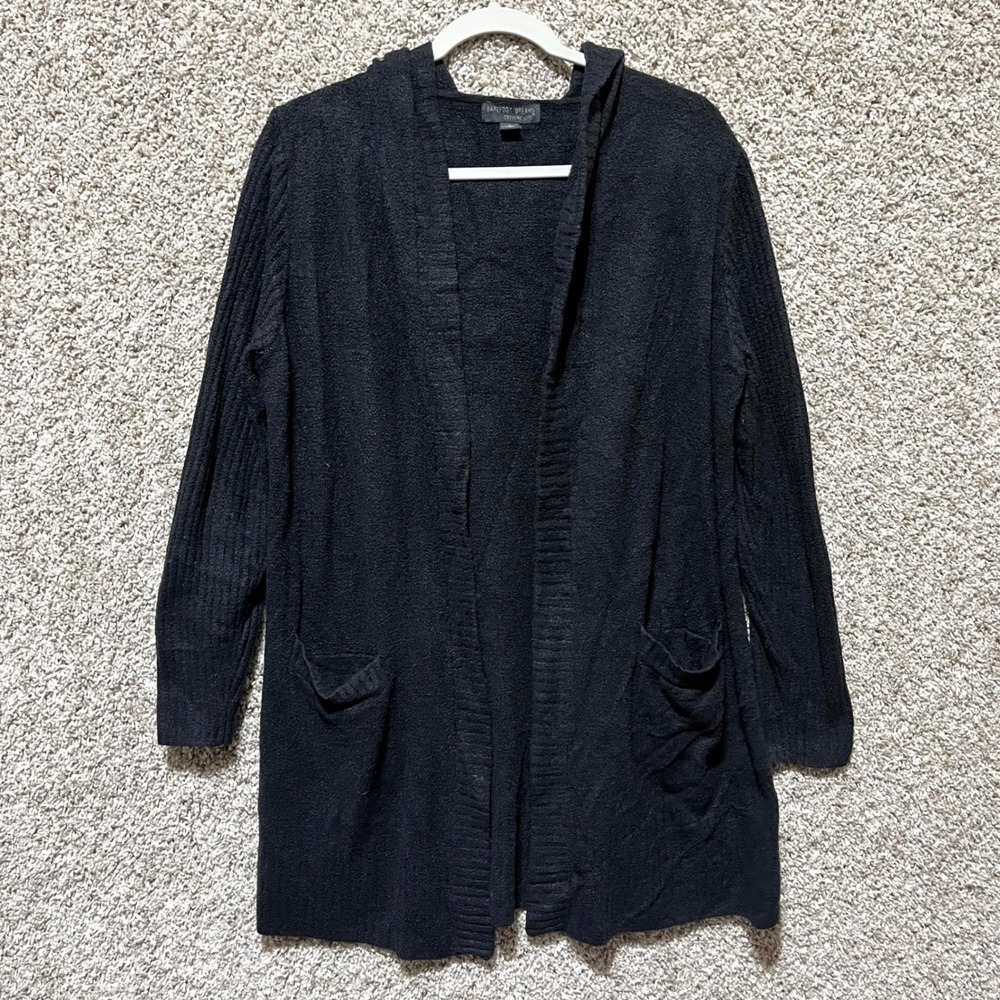 Barefoot Dreams Cardigan Sweater Womens L Black CozyChic Lite Knit Hooded Duster